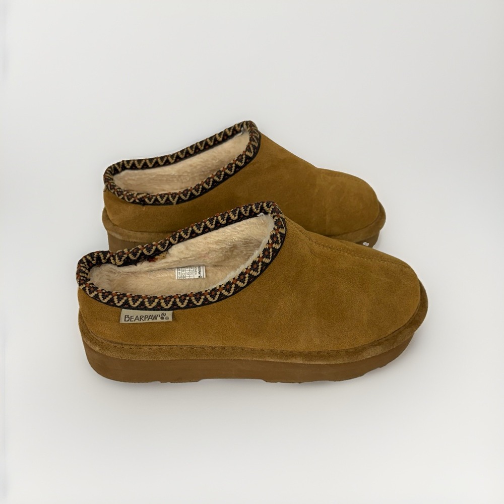 BEARPAW Womens 6 Brown Suede Plush Lined Clog Slippers Indoor Shoes EUR 37 T7
